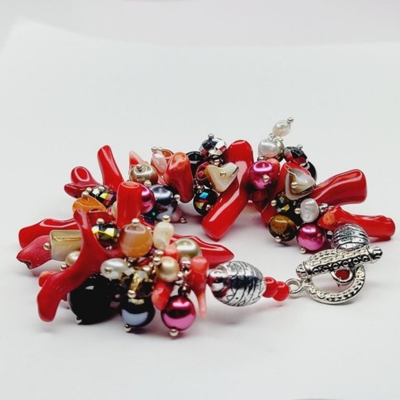 Red Coral Beads Bracelet with Pearls and multicolored Round Beads - Picture 2 of 11